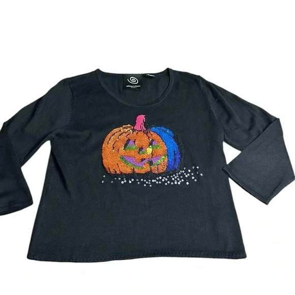 Y2K rare Michael Simon sweater,Halloween pumpkin sequins,2004, PTP 17.5-20”, EC - Picture 15 of 17